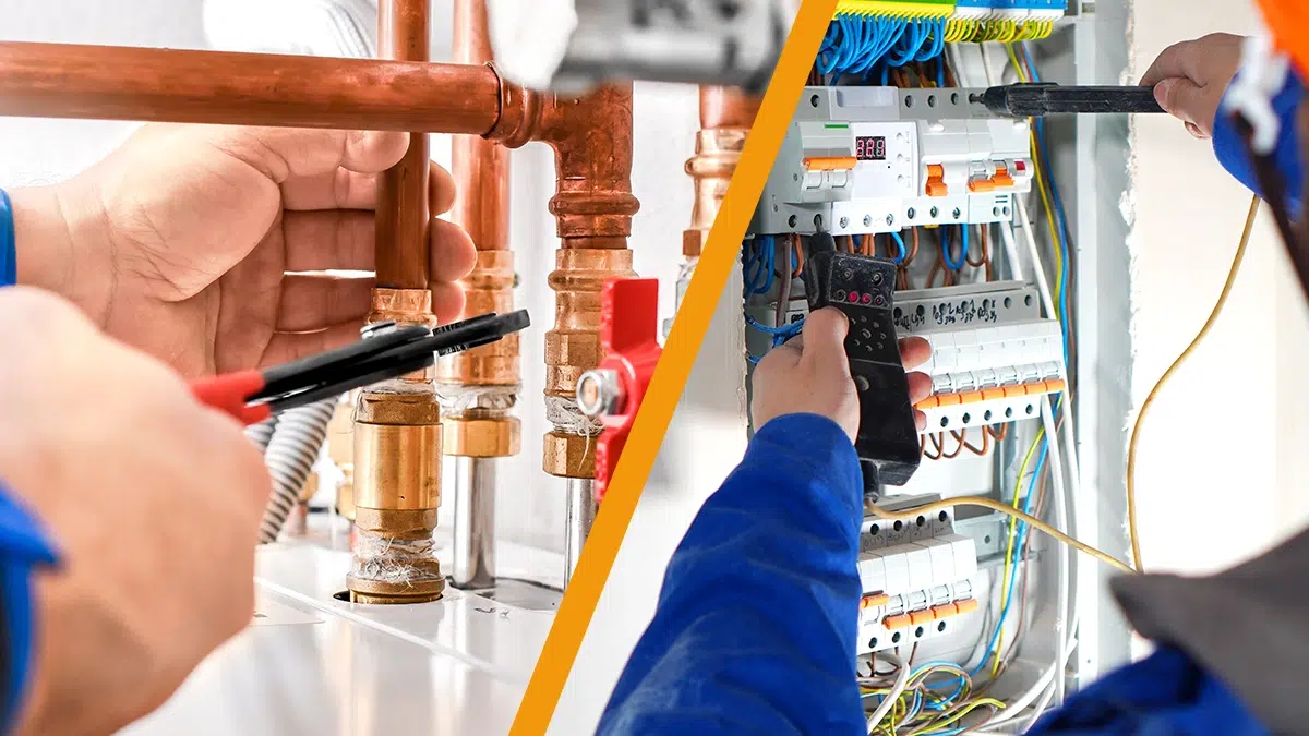 Photo montage montrant les installations techniques d'électricité et de plomberie dans une maison